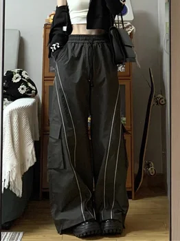 Широки Панталони-карго с Директни Завязками в американския Ретро Стил, Свободни Всекидневни Спортни Панталони Harajuku High Street Hot Girl, Панталони