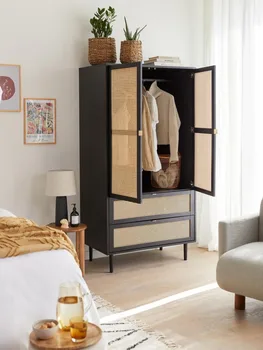 Шкаф от ратан в скандинавски стил, модерен проста дървена шкаф за съхранение на вещи от врата до врата, вграден гардероб