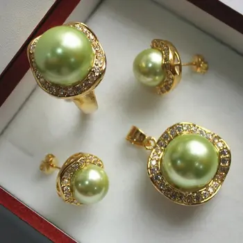 благороден бижута комплект 18 кг + 10 мм зелени перли във формата на миди, пръстен, висулка и обеци-карамфил от нефрит