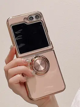 за Samsung Z Flip Калъф 5 Луксозен Златно Покритие покритие, със Завъртане на 360 Градуса, с Метален пръстен-притежател, Калъф-поставка за телефон Сгъваеми 5 z flip 4 3