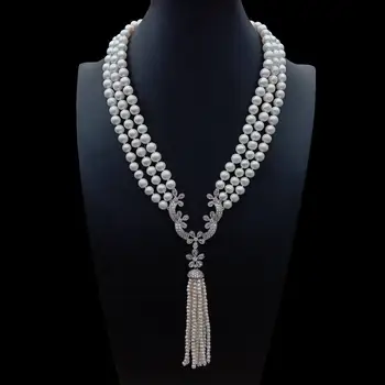 луксозно колие от натурален 3 нишки сладководни култивирани бели перли с фианитами, сватбена висулка във формата на паве за жени