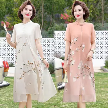 лятото китайското ретро рокля 2023 г., моля, халат за баня, яка-часова, къс ръкав, женски шифоновое рокля, пола в китайски стил
