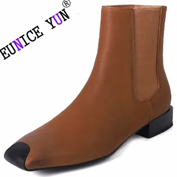 【Eunice ЙОНГ】 Реколта обувки от естествена кожа, новост 2023 година, ежедневни ежедневни обувки Челси на равна подметка с квадратни пръсти, дамски тъмно ръчно изработени обувки 33-40