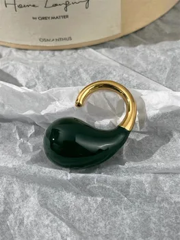 Зелен емайл, Големи открити пръстени във формата на капка вода, Месинг за жени, бижута 2023, Нова мода